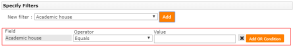 The Specify Filters section of the Create View screen, after a field has been selected